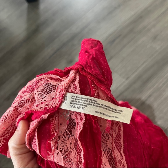 New Free People Red Pink Polka Dots Voile & Lace Boho Trapeze Mini Slip Dress XS - Picture 8 of 9